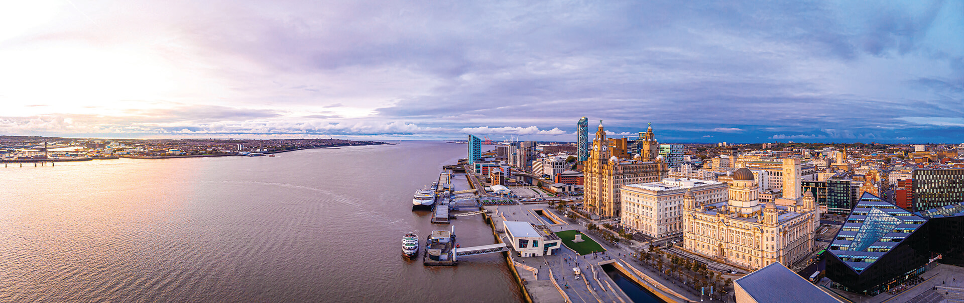 Panorama of Liverpool waterfront in the evening, Liverpool